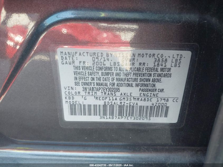 2014 Nissan Sentra Sr VIN: 3N1AB7AP7EY302095 Lot: 43242720