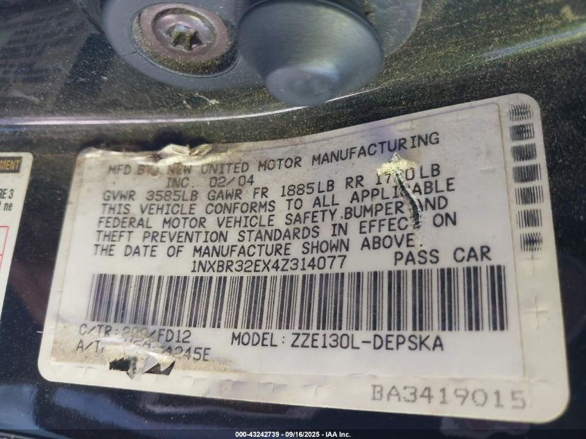 2004 Toyota Corolla S VIN: 1NXBR32EX4Z314077 Lot: 43242739