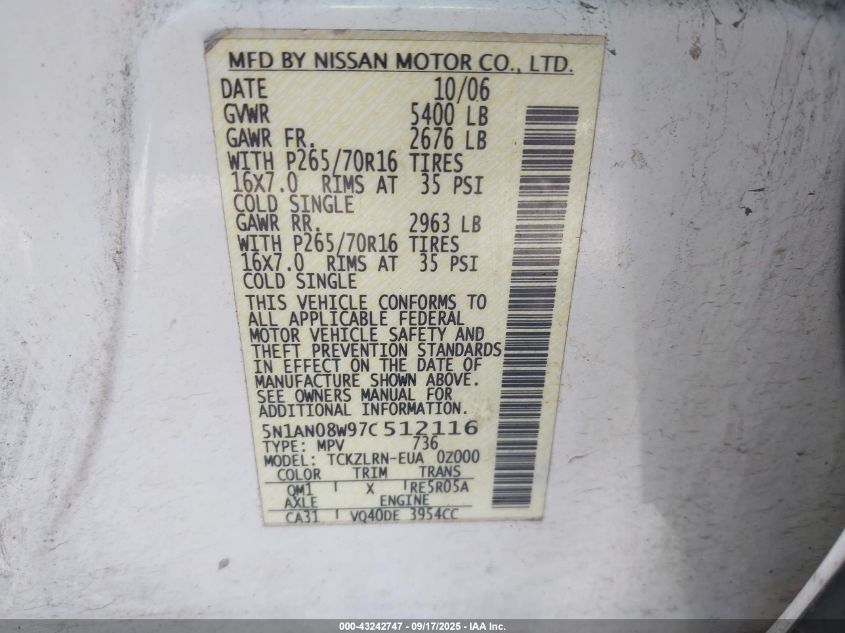 2007 Nissan Xterra S VIN: 5N1AN08W97C512116 Lot: 43242747