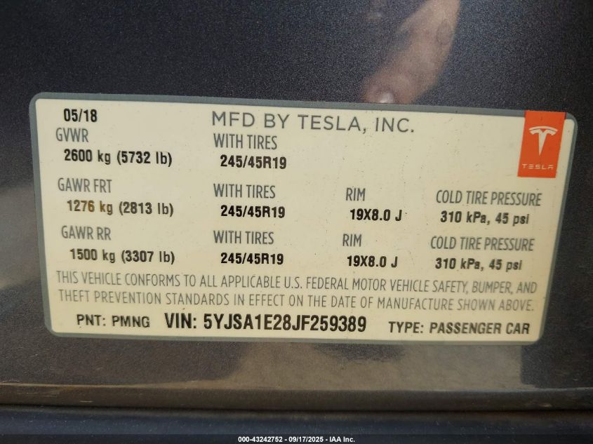 2018 Tesla Model S VIN: 5YJSA1E28JF259389 Lot: 43242752