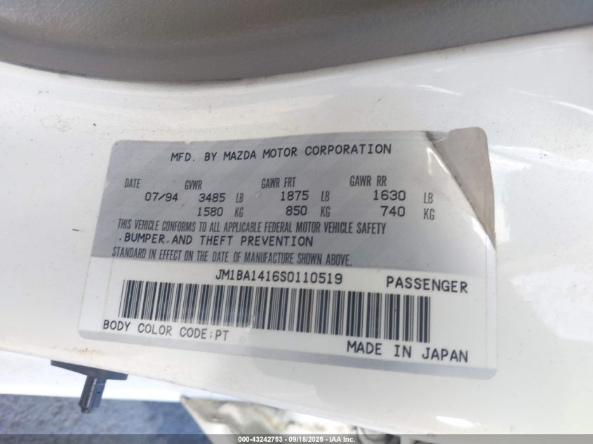 1995 Mazda Protege Dx/Lx VIN: JM1BA1416S0110519 Lot: 43242753