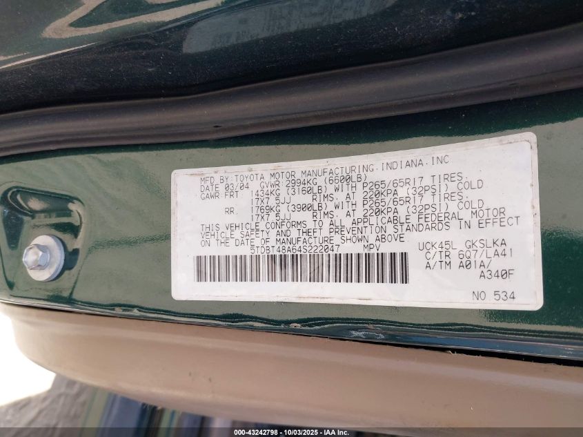 2004 Toyota Sequoia Limited V8 VIN: 5TDBT48A64S222047 Lot: 43242798