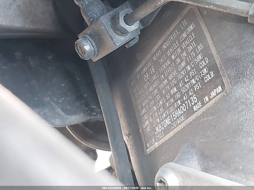 2017 Kawasaki Zg1400 E VIN: JKBZGNE15HA007135 Lot: 43242808