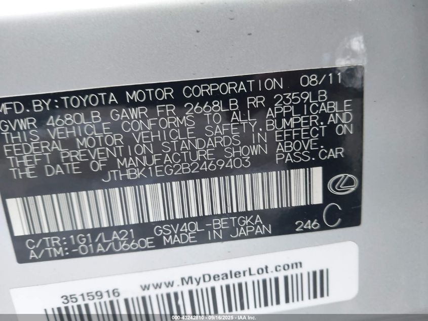 2011 Lexus Es 350 VIN: JTHBK1EG2B2469403 Lot: 43242810