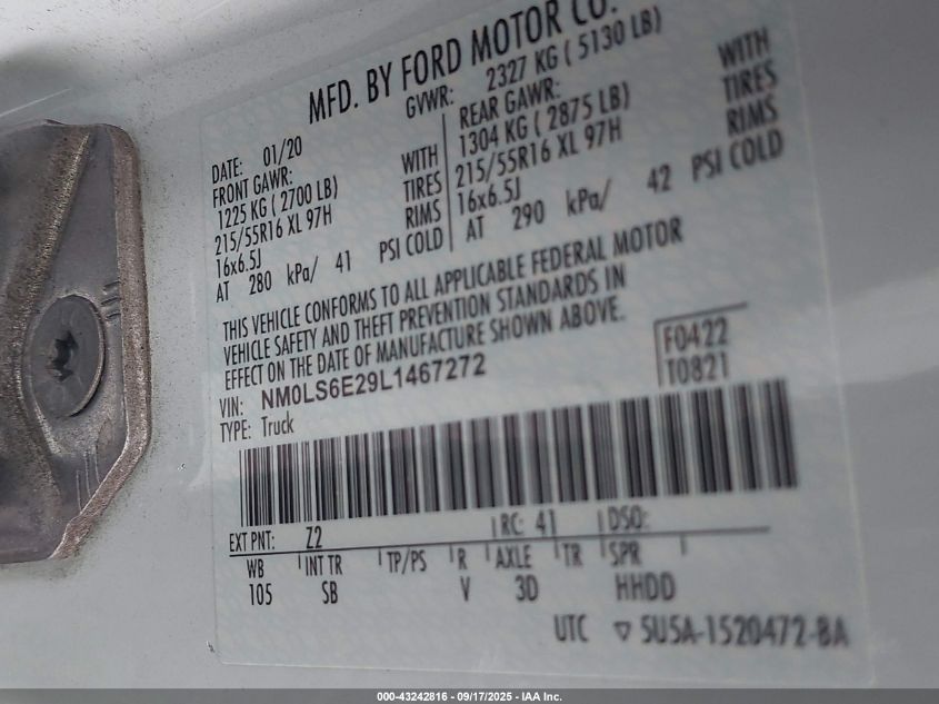 2020 Ford Transit Connect Xl VIN: NM0LS6E29L1467272 Lot: 43242816