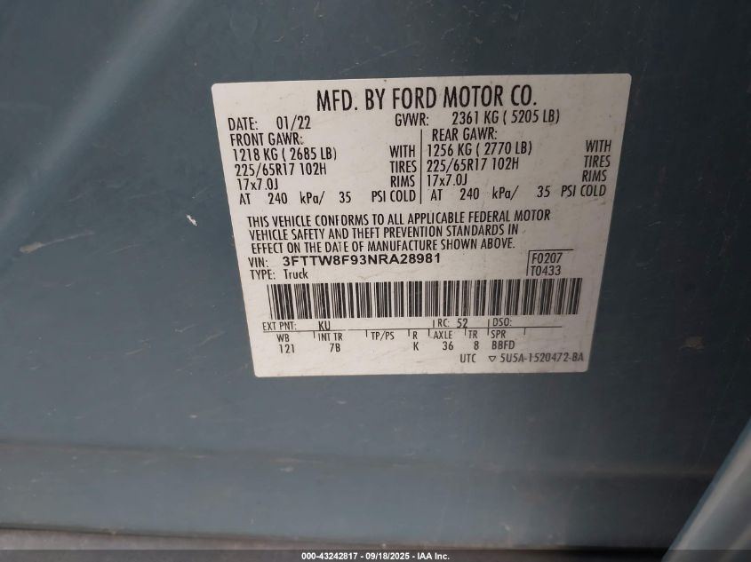 2022 Ford Maverick Xlt VIN: 3FTTW8F93NRA28981 Lot: 43242817