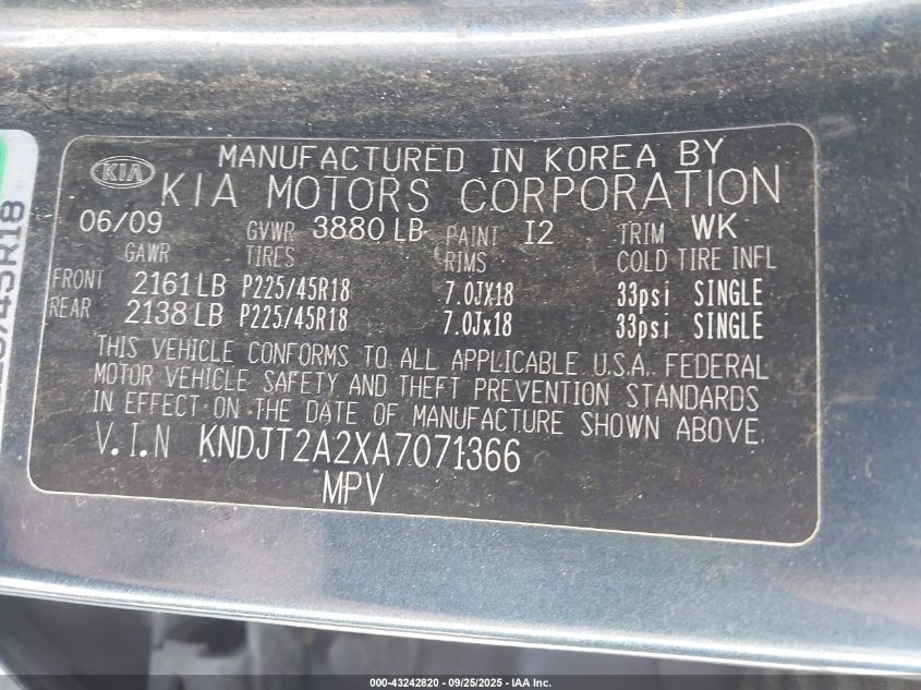 2010 Kia Soul + VIN: KNDJT2A2XA7071366 Lot: 43242820