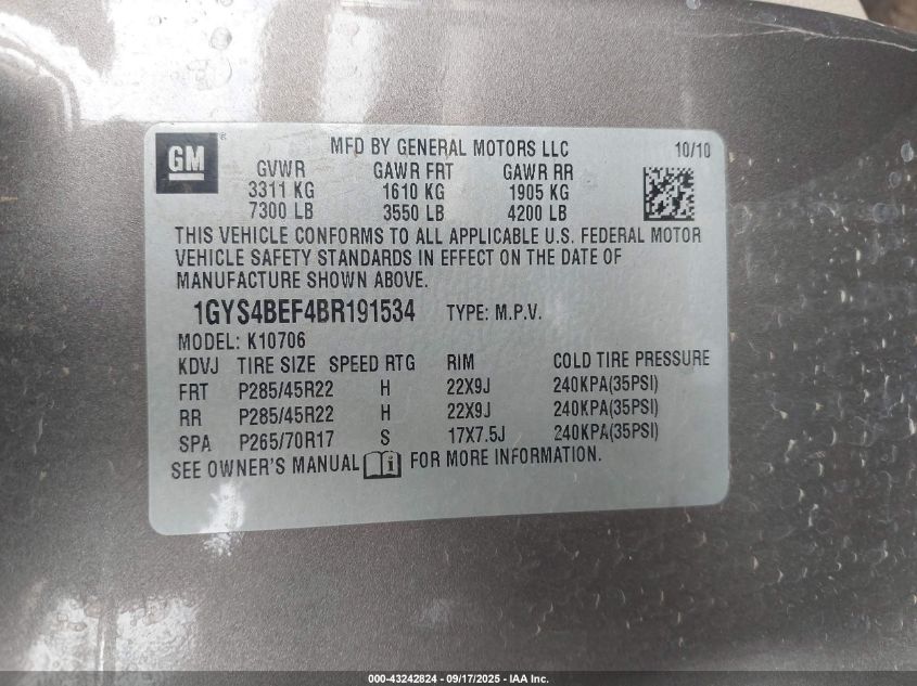 2011 Cadillac Escalade Luxury VIN: 1GYS4BEF4BR191534 Lot: 43242824
