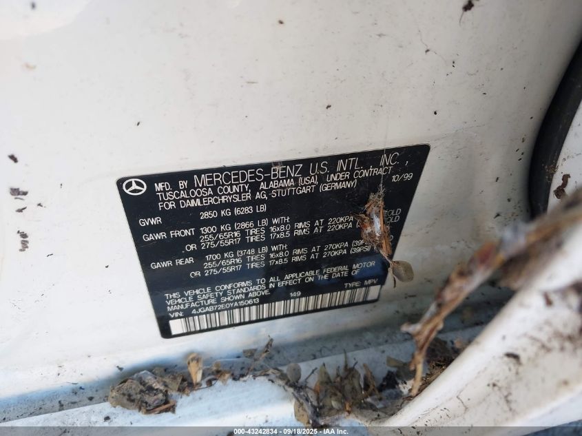 2000 Mercedes-Benz Ml 430 VIN: 4JGAB72E0YA150613 Lot: 43242834