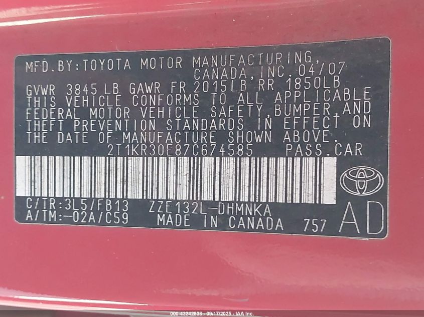 2007 Toyota Matrix Xr VIN: 2T1KR30E87C674585 Lot: 43242838