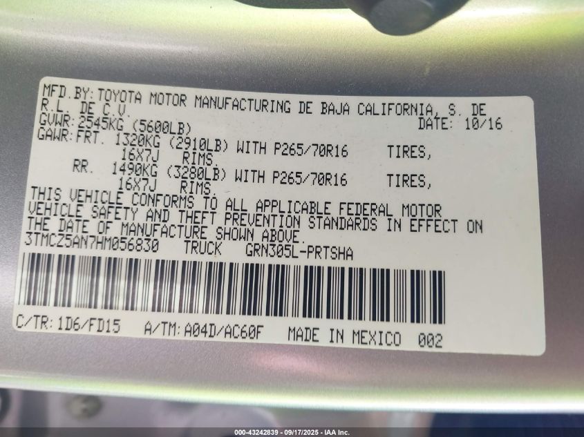 2017 Toyota Tacoma Trd Off Road VIN: 3TMCZ5AN7HM056830 Lot: 43242839