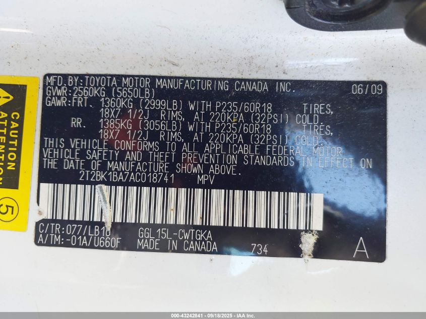 2010 Lexus Rx 350 VIN: 2T2BK1BA7AC018741 Lot: 43242841