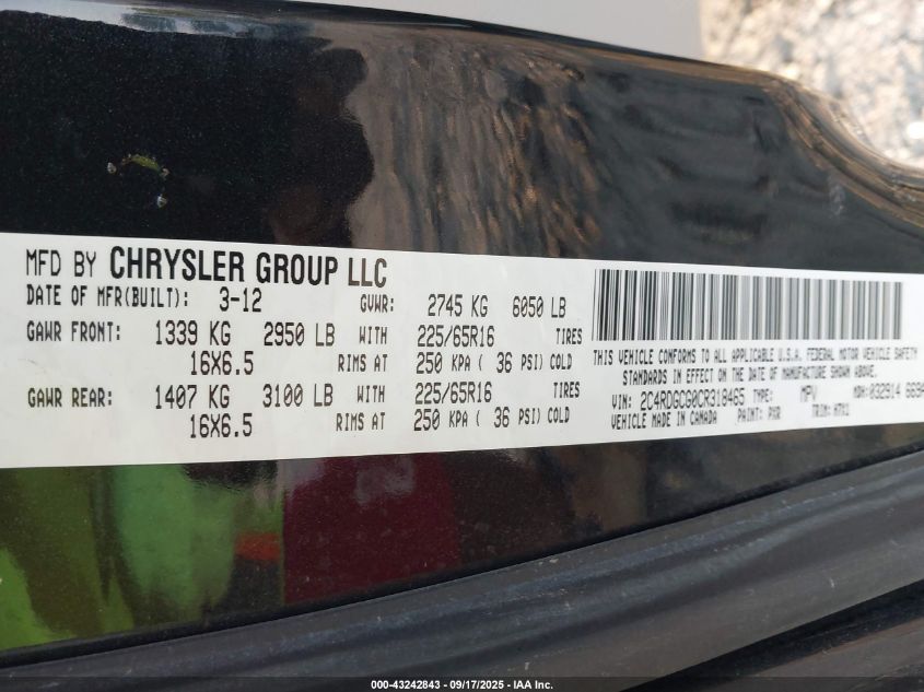2012 Dodge Grand Caravan Sxt VIN: 2C4RDGCG0CR318465 Lot: 43242843