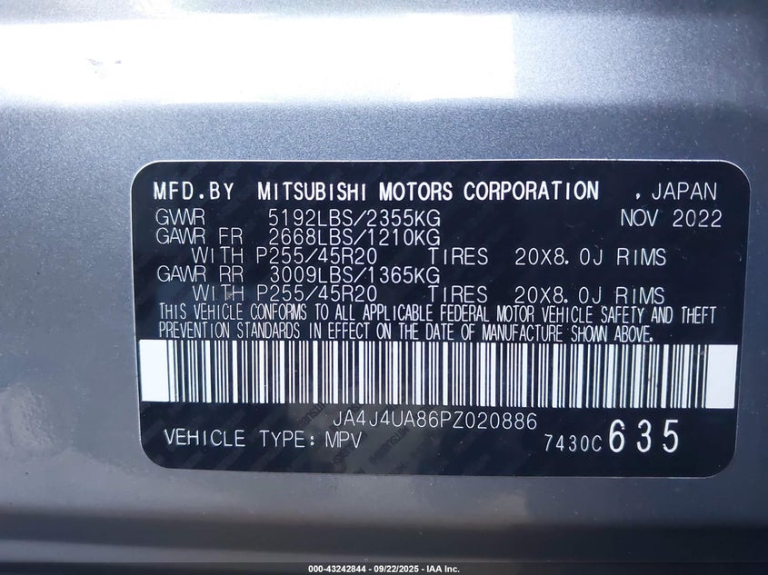 2023 Mitsubishi Outlander Ralliart S-Awc/Se 2.5 S-Awc/Se Black Edition S-Awc/Se Special Editiont S-Awc VIN: JA4J4UA86PZ020886 Lot: 43242844