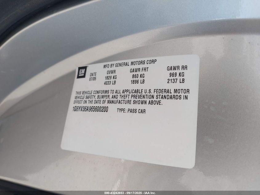 2006 Cadillac Xlr Standard VIN: 1G6YV36A965600200 Lot: 43242853