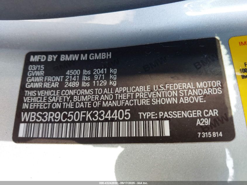 2015 BMW M4 VIN: WBS3R9C50FK334405 Lot: 43242858