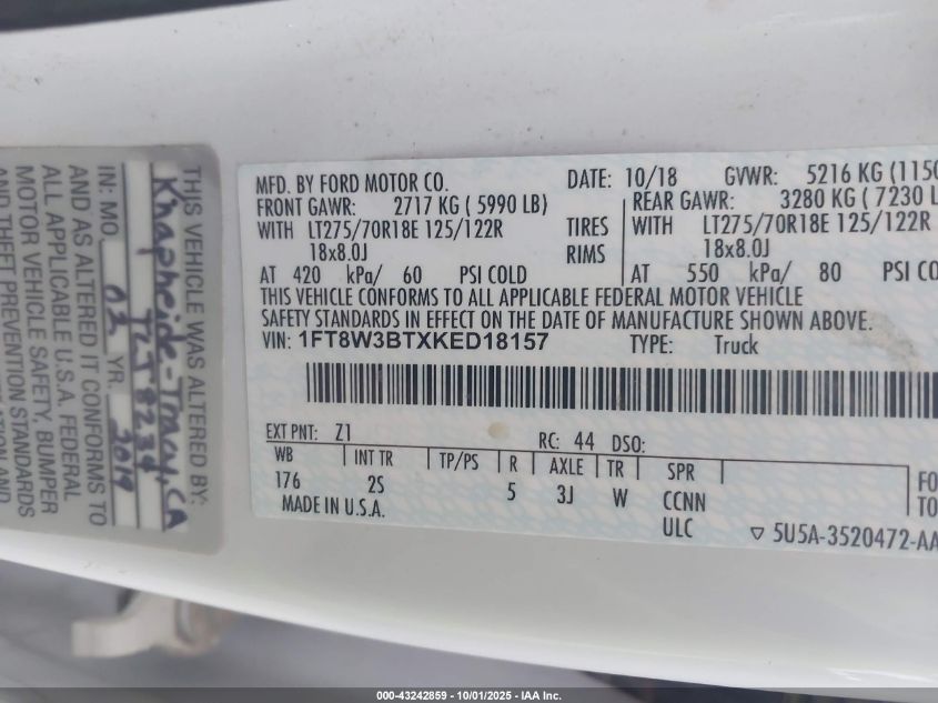 2019 Ford F-350 Xlt VIN: 1FT8W3BTXKED18157 Lot: 43242859