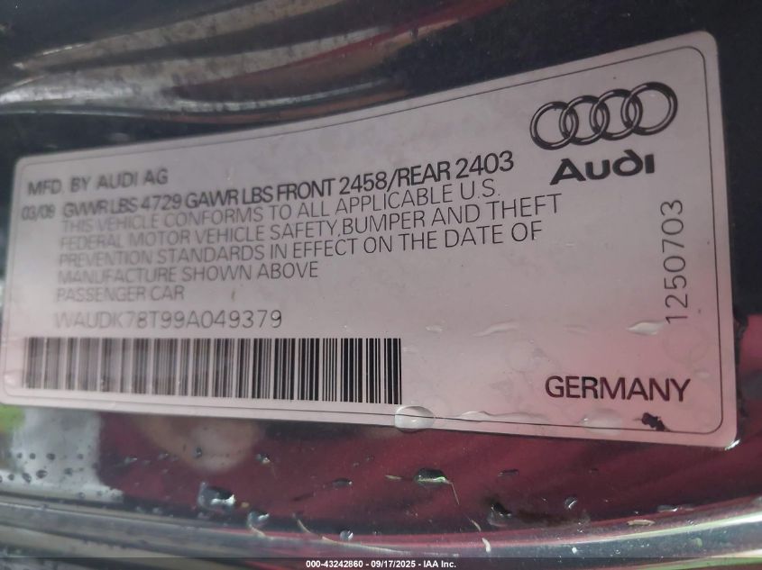 2009 Audi A5 3.2L VIN: WAUDK78T99A049379 Lot: 43242860