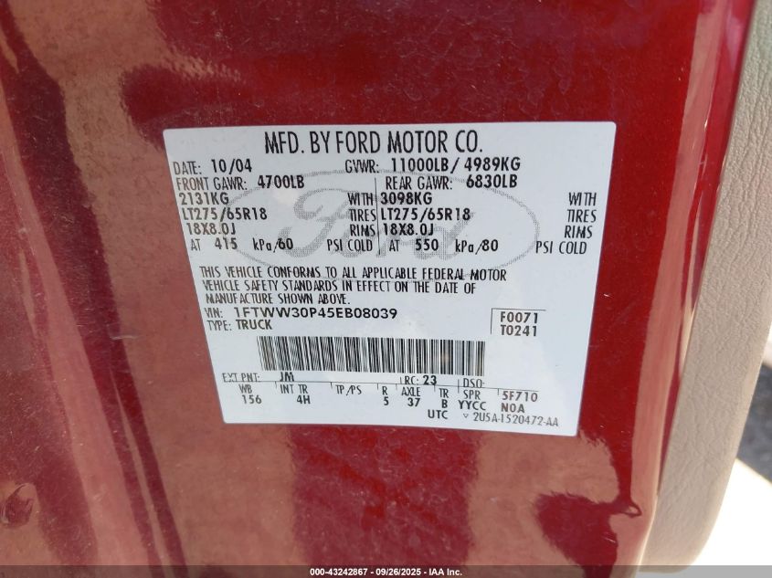 2005 Ford F-350 Lariat/Xl/Xlt VIN: 1FTWW30P45EB08039 Lot: 43242867