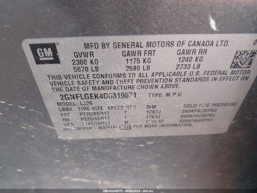 2013 Chevrolet Equinox Ltz VIN: 2GNFLGEK4D6319071 Lot: 43242878