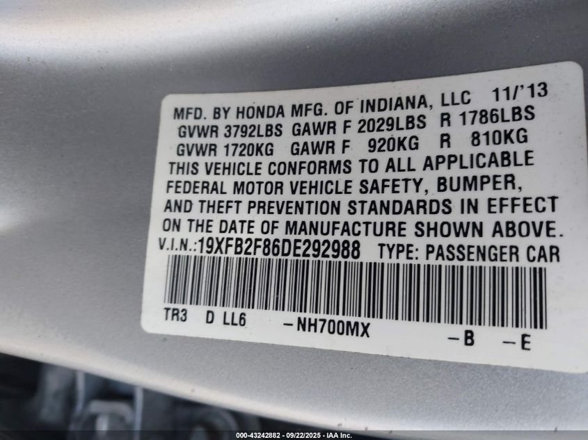 2013 Honda Civic Ex VIN: 19XFB2F86DE292988 Lot: 43242882