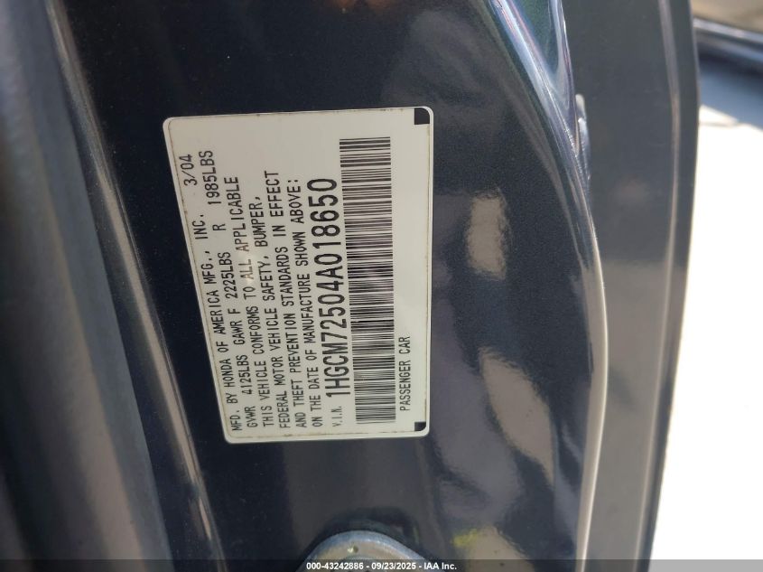 2004 Honda Accord 2.4 Ex VIN: 1HGCM72504A018650 Lot: 43242886