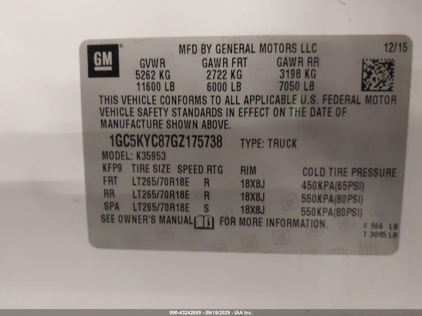 2016 Chevrolet Silverado 3500Hd Wt VIN: 1GC5KYC87GZ175738 Lot: 43242889