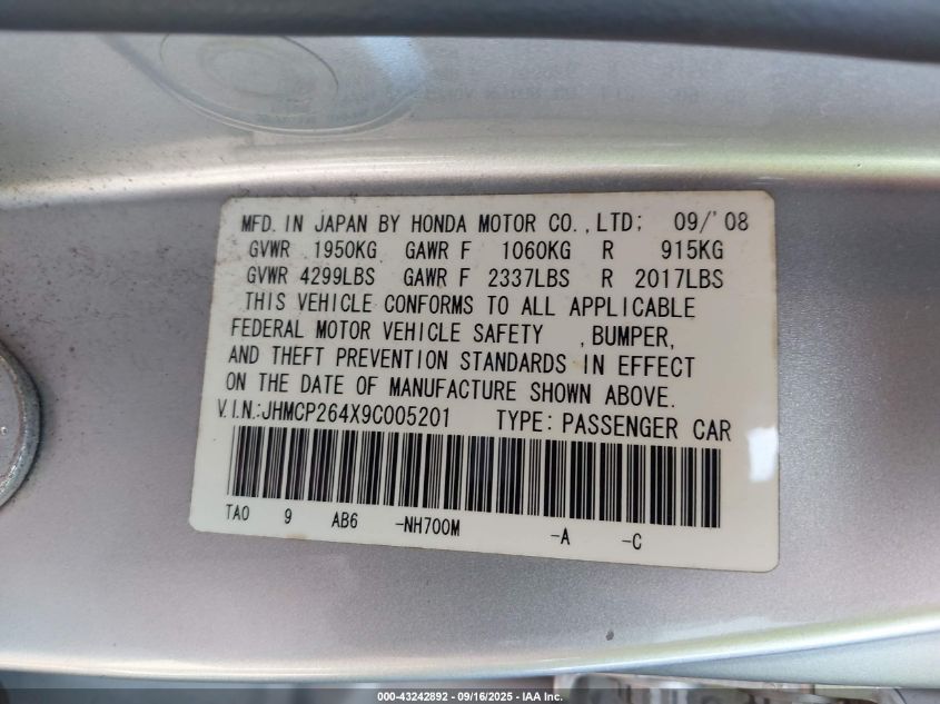 2009 Honda Accord 2.4 Lx-P VIN: JHMCP264X9C005201 Lot: 43242892