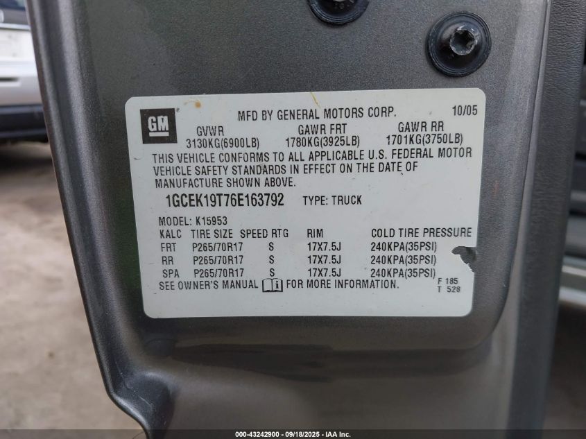 2006 Chevrolet Silverado 1500 Lt1 VIN: 1GCEK19T76E163792 Lot: 43242900