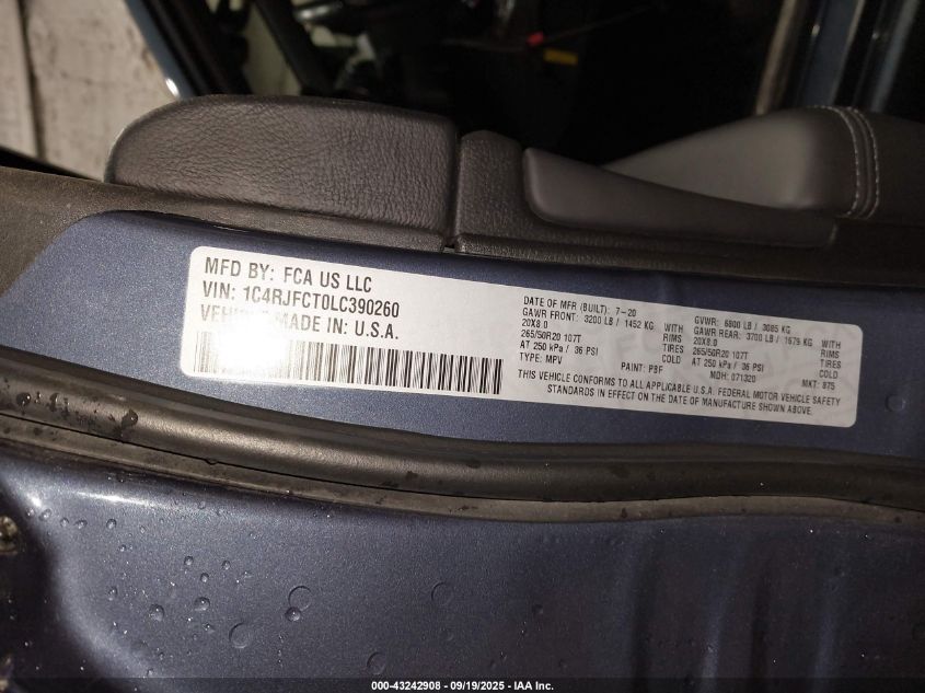 2020 Jeep Grand Cherokee Overland VIN: 1C4RJFCT0LC390260 Lot: 43242908