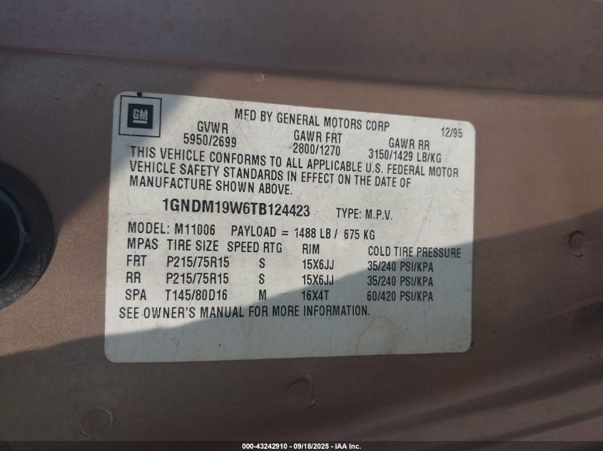 1996 Chevrolet Astro VIN: 1GNDM19W6TB124423 Lot: 43242910