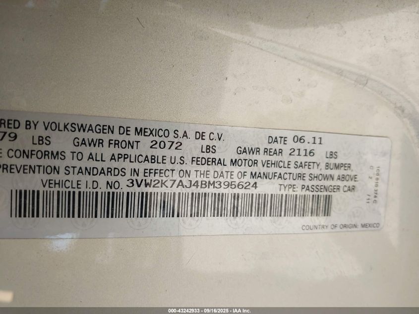 2011 Volkswagen Jetta 2.0L S VIN: 3VW2K7AJ4BM395624 Lot: 43242933