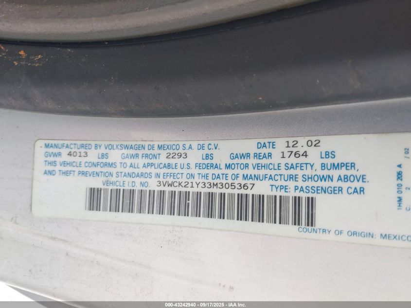 2003 Volkswagen New Beetle Gls VIN: 3VWCK21Y33M305367 Lot: 43242940