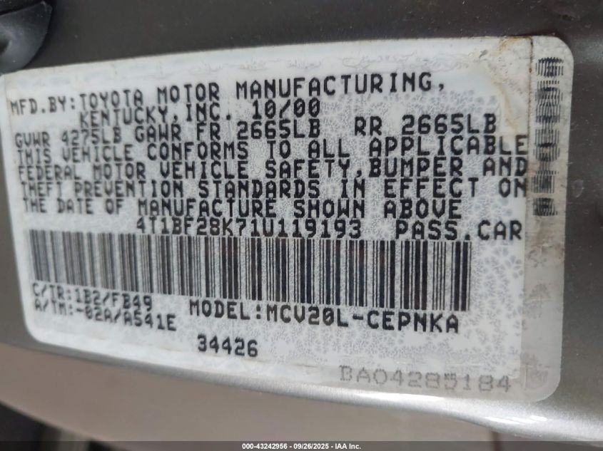 2001 Toyota Camry Le/Xle VIN: 4T1BF28K71U119193 Lot: 43242956