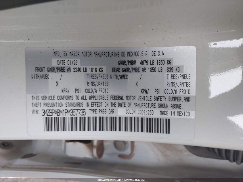 2023 Mazda Mazda3 2.5 S Select VIN: 3MZBPABM1PM357735 Lot: 43242991