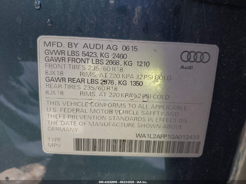 2016 Audi Q5 2.0T Premium VIN: WA1L2AFP1GA012433 Lot: 43242995