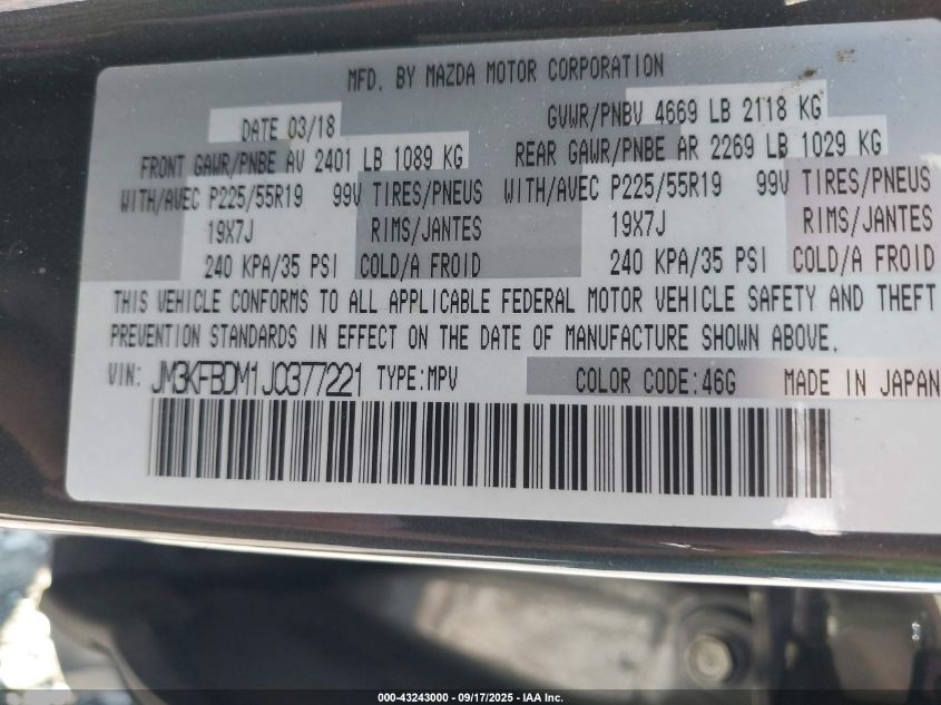 2018 Mazda Cx-5 Grand Touring VIN: JM3KFBDM1J0377221 Lot: 43243000