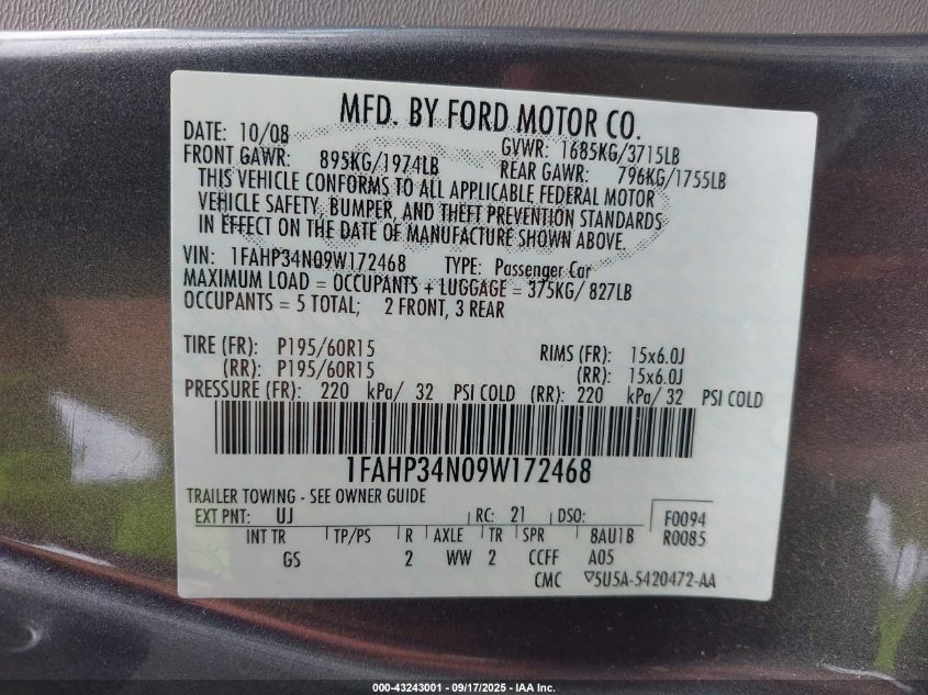 2009 Ford Focus S VIN: 1FAHP34N09W172468 Lot: 43243001