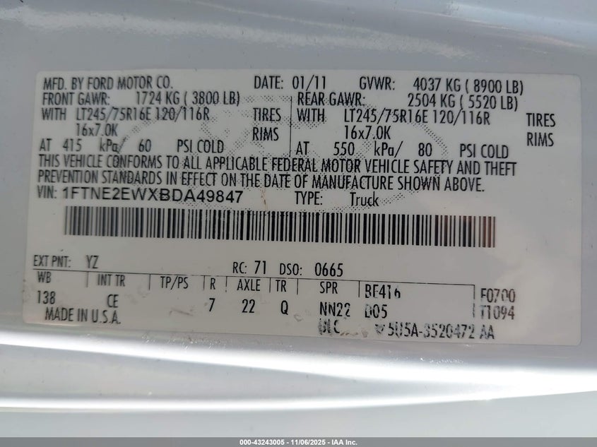 2011 Ford E-250 Commercial VIN: 1FTNE2EWXBDA49847 Lot: 43243005