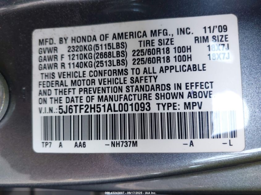 2010 Honda Accord Crosstour Ex-L VIN: 5J6TF2H51AL001093 Lot: 43243007