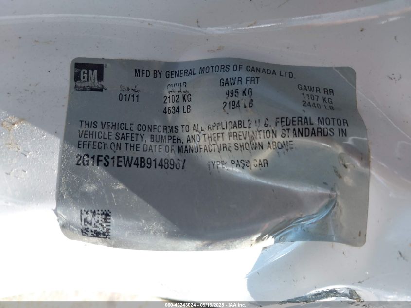 2011 Chevrolet Camaro 1Ss VIN: 2G1FS1EW4B914896 Lot: 43243024