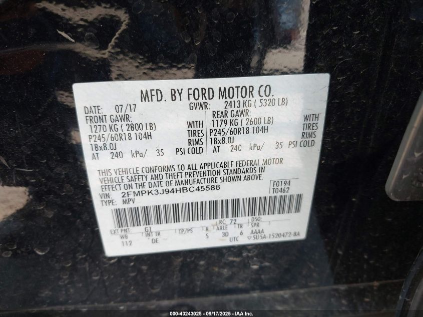 2017 Ford Edge Sel VIN: 2FMPK3J94HBC45588 Lot: 43243025