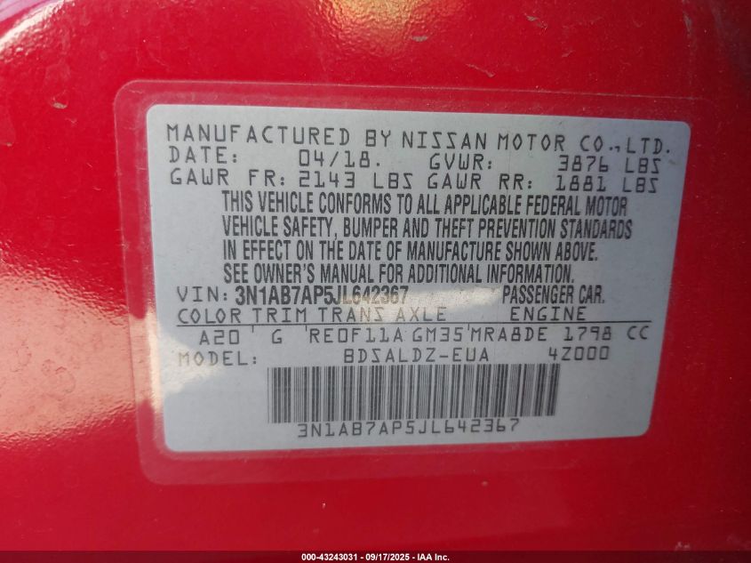 2018 Nissan Sentra Sv VIN: 3N1AB7AP5JL642367 Lot: 43243031