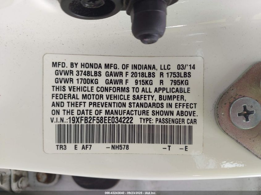 2014 Honda Civic Lx VIN: 19XFB2F58EE034222 Lot: 43243040