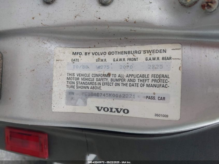 1989 Volvo 760 VIN: YV1GA8745K0062221 Lot: 43243072