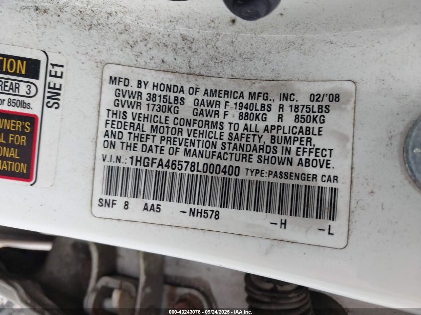 2008 Honda Civic Gx VIN: 1HGFA46578L000400 Lot: 43243078