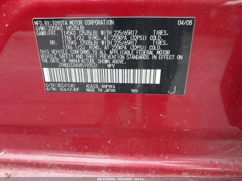 2008 Toyota Rav4 VIN: JTMBD33V685192531 Lot: 43243083