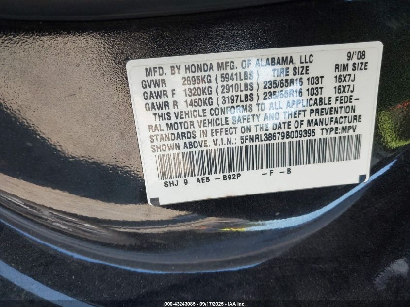 2009 Honda Odyssey Ex-L VIN: 5FNRL38679B009396 Lot: 43243085