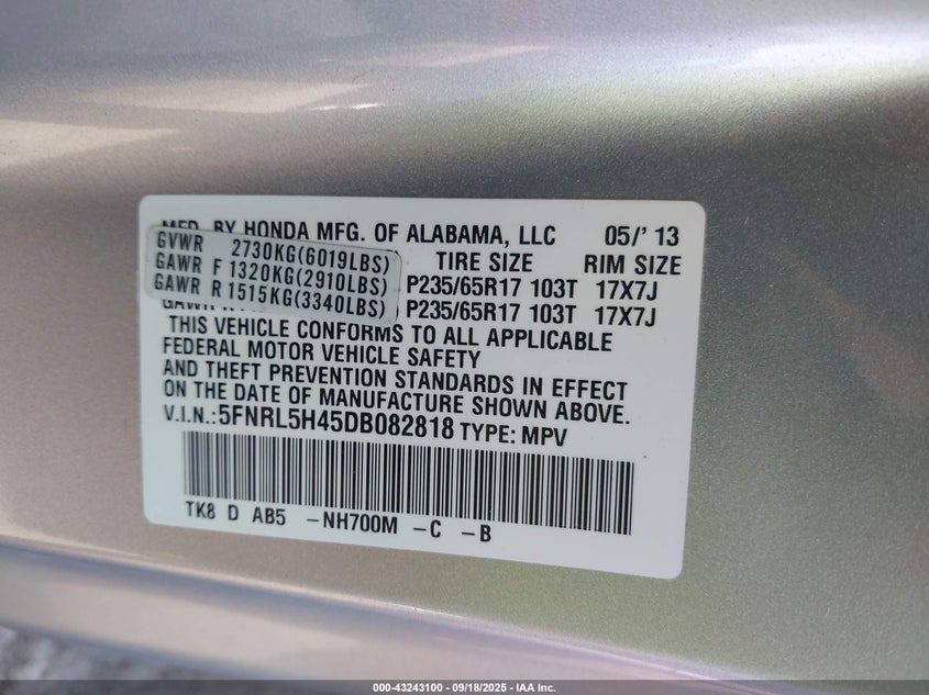 2013 HONDA ODYSSEY EX 5FNRL5H45DB082818