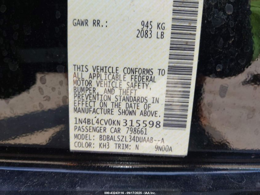 2019 Nissan Altima 2.5 Sr VIN: 1N4BL4CV0KN315598 Lot: 43243116